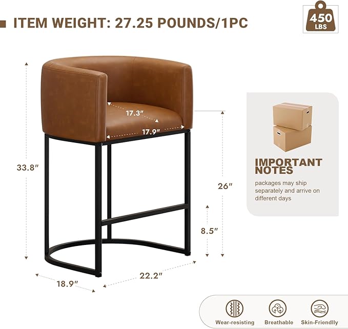 26" H Counter Height Bar Stools Set of 1, Modern Barrel Counter Stools with Backrest and Arms, Faux Leather Upholstered Accent Barstools for Kitchen Island,Support 450 LBS (Walnut Brown
