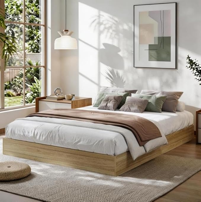 California King Size Solid Wood Platform Bed with Sturdy Wooden Slats, Floor-Standing Bed Frame, Modern Minimalist Design Bed Frame, No Box Spring Needed, Space Saver, Easy Assembly, Golden Tan Wood