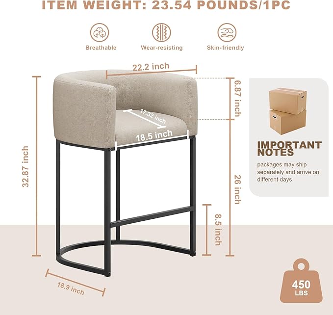 26" H Counter Height Bar Stools Set of 3, Modern Barrel Counter Stools with Backrest and Arms, Linen Fabric Upholstered Accent Barstools for Kitchen Island,Support 450 LBS (Beige)