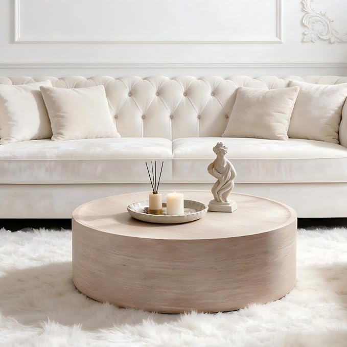 Round Coffee Table in Faux Marble, 39.37" W × 12" H Stone Coffee Tables for Living Room, Modern Drum Center MDF Vintage Design Low, Office, Apartment No Assembly Required Beige Mars