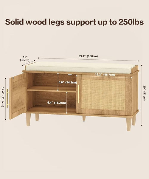 Akxomel Rattan Shoe Storage Bench with Cushion, 2-Tier Entryway Bench with Adjustable Shelves and 2 Doors, 15" D x 39.4" W x 20" H, Solid Wood Legs, for Hallway, Living Room, Bedroom, Natural Oak