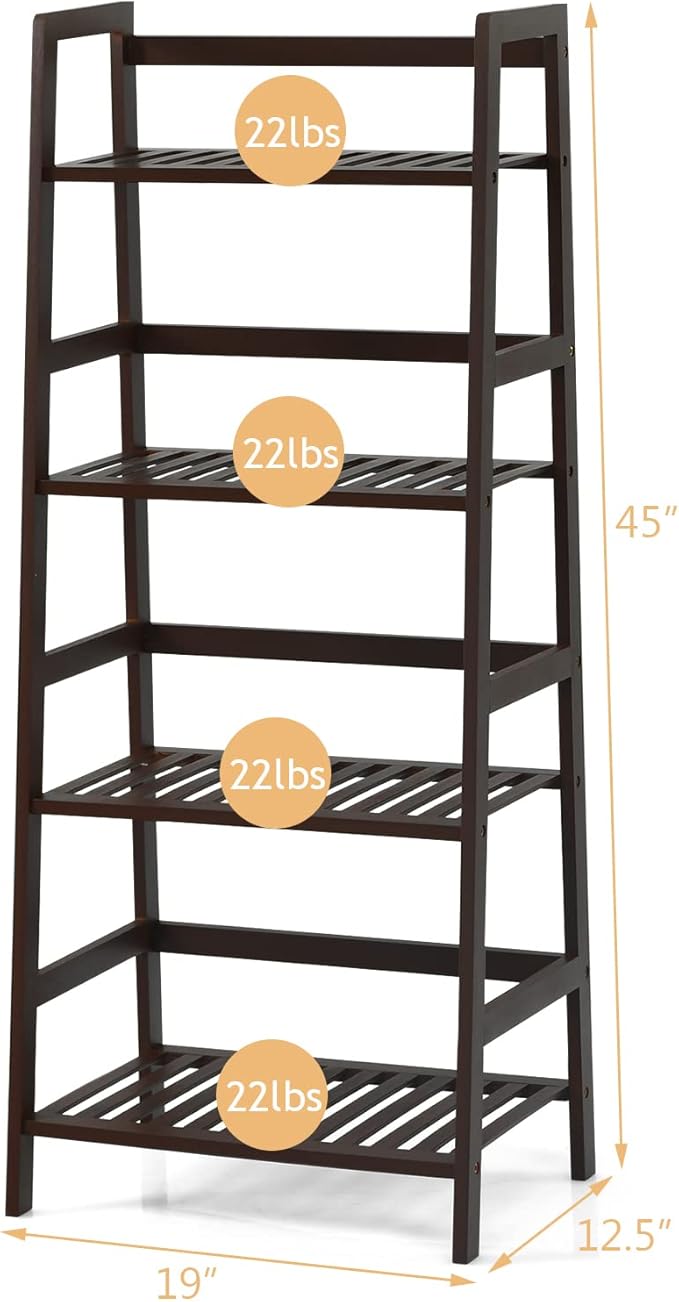 COSTWAY 4-Tier Ladder Shelf, Bamboo Plant Stand Rack, Freestanding Bookshelf, Multifunctional Storage Shelves, Flower Stand Rack Holder for Garden, Balcony, Living Room, Bedroom (Coffee)