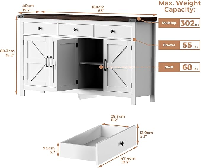 VVFLU 63" Large Sideboard Buffet Cabinet with Storage, Coffee Bar with 3 Drawers and 4 Barn Doors, Modern Farmhouse Storage Cabinet, for Kitchen, Dining Room, Living Room, White Wood