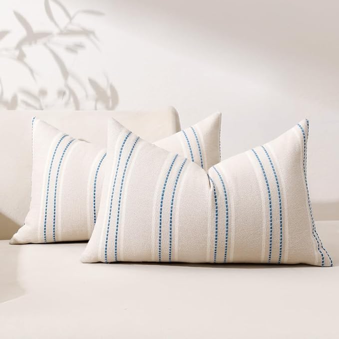 Hckot Throw Pillow Covers 12x20 Set of 2 Blue Pillow Covers Farmhouse Decorative Pillows Textured Linen Square Cushion Covers for Sofa Couch Bed Living Room Decor(Lake Blue)