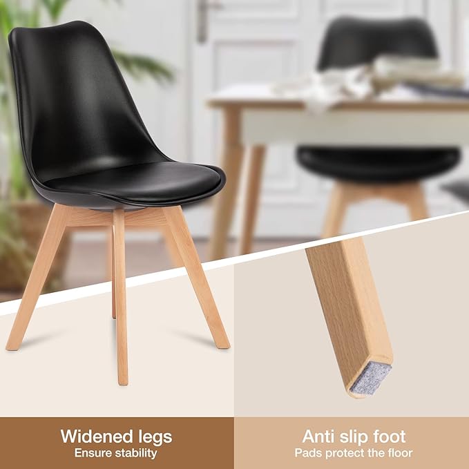OLIXIS Set of 4 Dining Kitchen Mid-Century Modern Chairs with Wood Legs and PU Leather Cushion for Living Room Bedroom Outdoor Lounge, Black