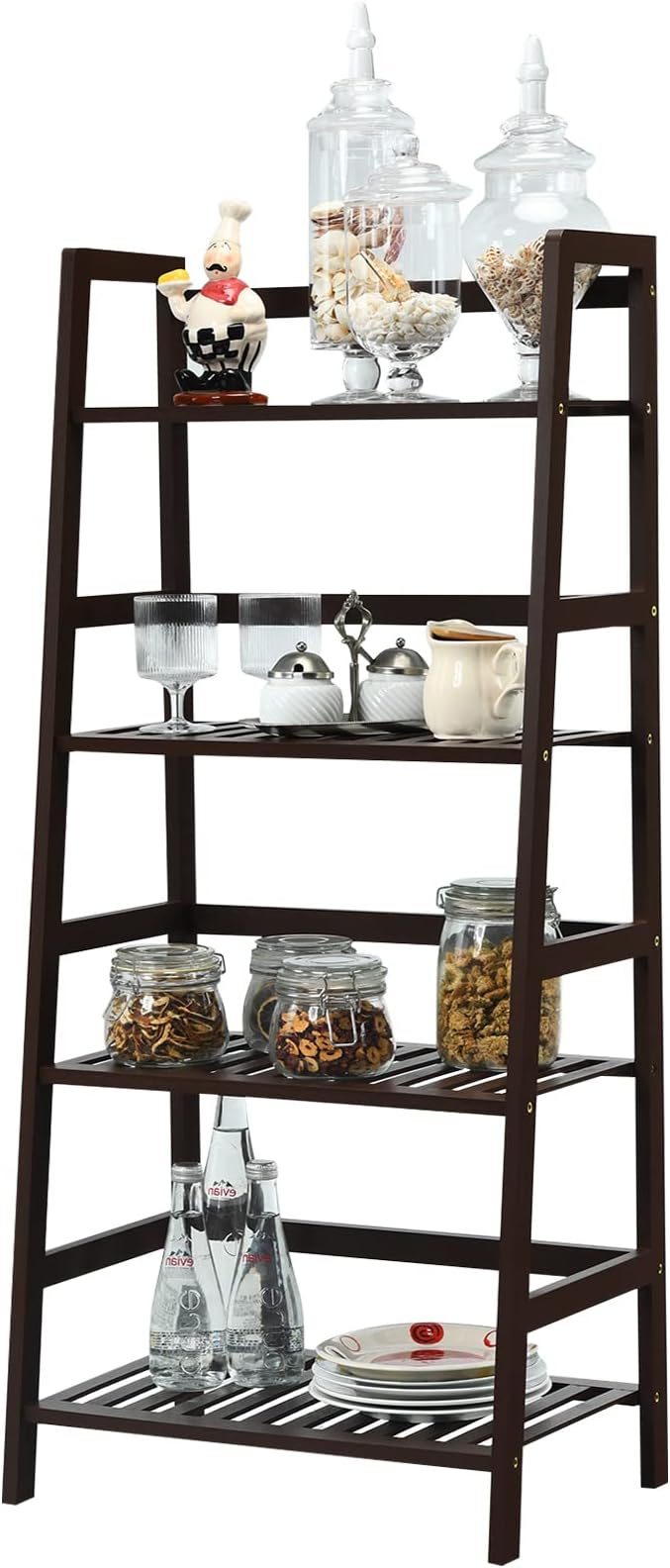 COSTWAY 4-Tier Ladder Shelf, Bamboo Plant Stand Rack, Freestanding Bookshelf, Multifunctional Storage Shelves, Flower Stand Rack Holder for Garden, Balcony, Living Room, Bedroom (Coffee)