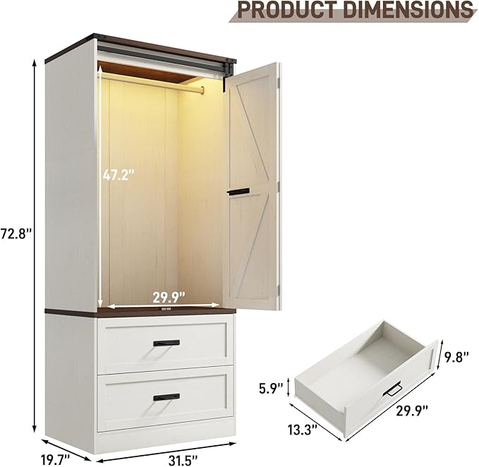Farmhouse 2 Doors Armoire Wardrobe Closet w/Folding Sliding Barn Door and Lights, LED Armoire Closet w/Drawers for Bedroom, Freestanding Wooden Wardrobe Storage Closets w/Hanging Rod,Antique White