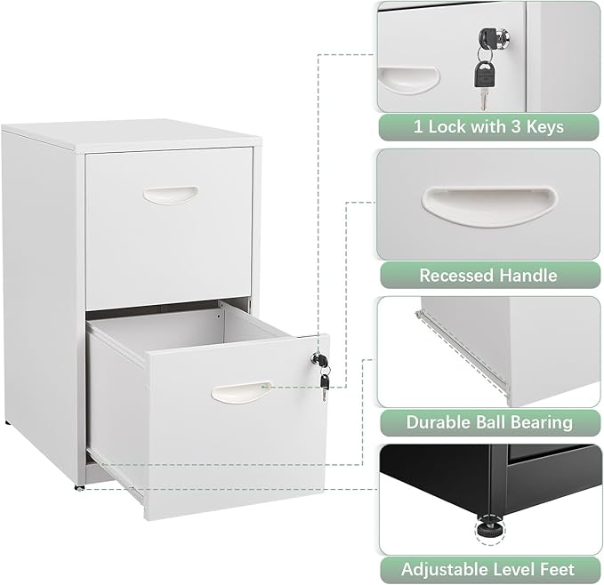 Polup 2 Drawer File Cabinet with Lock, White Filing Cabinets for Home Office, Metal Locking File Cabinet with Two Drawers, Light Duty File Storage Cabinet for Letter Size - Assembly Required