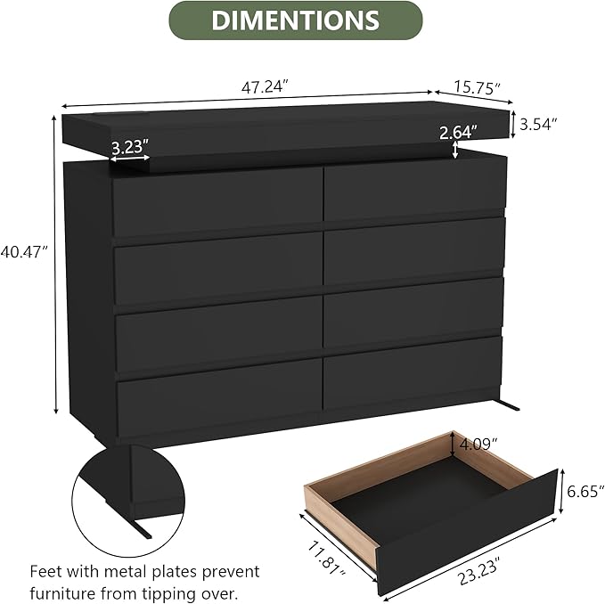 Gyfimoie 8 Drawer Dresser with Power Outlet, Dresser with LED Light, Modern Chest of Drawers for Closet, Double Wide Drawer Organizer Cabinet for Bedroom, Living Room (Black, 8 Drawers)