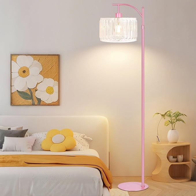 QIYIZM Pink Floor Lamp for Living Room,Bedroom,Gold Dimmable Standing Lamp with Remote,Mid Century Modern Brass Tall Lamp Boho Floor Lamps Arc Stained Glass Flower Floor Light Lamp Girls kids Bohemian