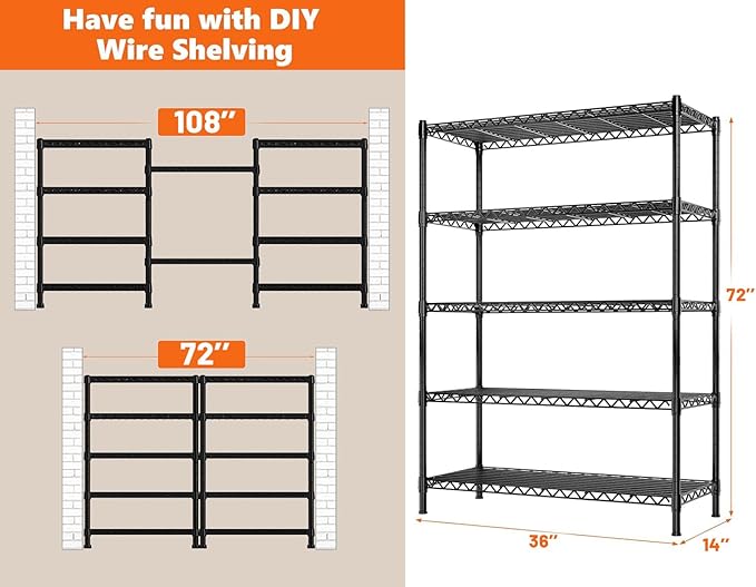 REIBII 72''H Metal shelving 5 Tire Storage Shelves for Garage Shelving Adjustable Wire Shelving Rack Heavy Duty Shelving Unit for Garage, Kitchen, Pantry, Laundry Room, Commercial, 72''H X36''W X14''D