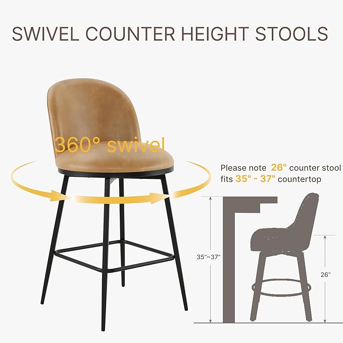 26" Counter Height Swivel Bar Stools Set of 3, Upholstered Faux Leather Barstools with Backs and Metal Legs for Kitchen Island,Brown