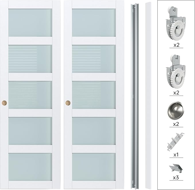 Finosen Preassembled Sliding Closet Door Slab, 48 x 80 in (Double 25 inch), 5-Lite Frosted Glass, Bypass Barn Door with Hardware Kit Included, MDF Wood Panel, Water-Proof PVC Surface, White
