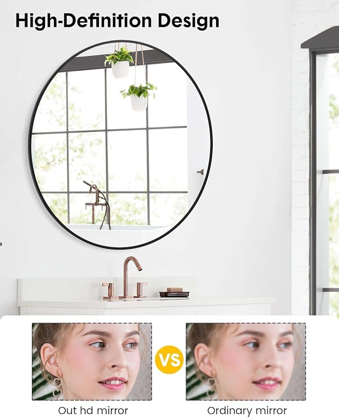 GarveeTech 18 Inch Black Circle Wall Mirror, Modern Round Metal Framed Mirror for Bathroom, Entryway, Living Room, Bedroom, Dining Room, Hallway, Decorative Home Décor, Easy Mount