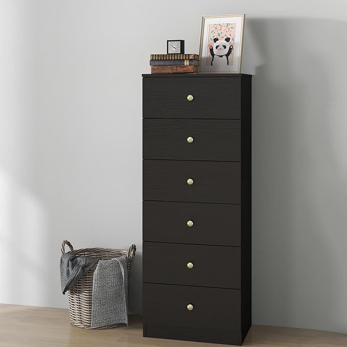 Panana Modern 6 Drawer Vertical Dresser, Wood Tall Chest of Drawers N Arrow Storage Organizer with Wide Drawers & Metal Gold Handles for Bedroom, Living Room, Office, Hallway, Entryway (Black)