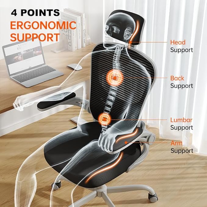 Office Chair Ergonomic Desk Chair, 330LBS Capacity, High Back Computer Design for Long Hours Comfort, Rolling Swivel for Home Office, Flip-up Armrests, Grey Black