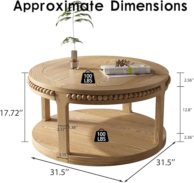 31.5" Round Wood Coffee Table, 2 Tier Modern Center Table,Solid Wood+MDF, Easy Assembly, Accent Table for Living Room, Apartment, Small Space. (Natural Wood)