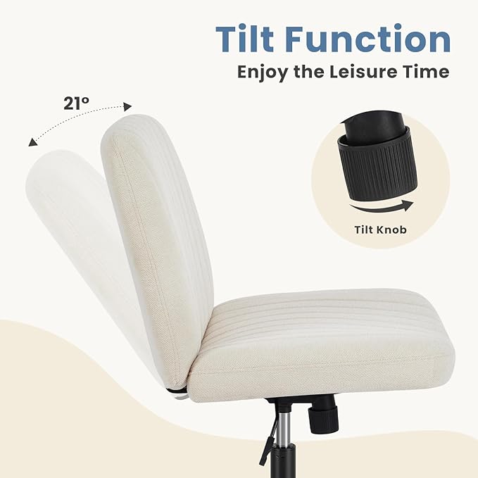 DUMOS Criss Cross Chair with Wheels, Wide Cross Legged Office Desk Vanity Chairs, Fabric Armless Adjustable Swivel Chairs for Home Computer Task, Beige