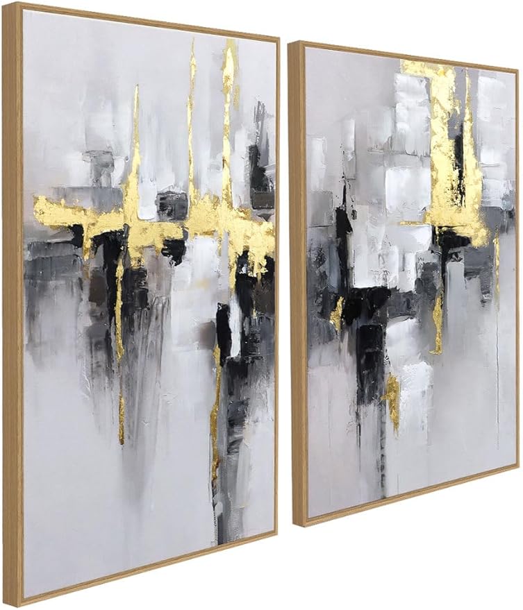 SAFERRYHOME 2-Piece Large Grey and Gold Abstract Wall Decor- Framed Modern Canvas Paintings for Living Room, Bedroom, Office Décor - 24x36 Inches Each