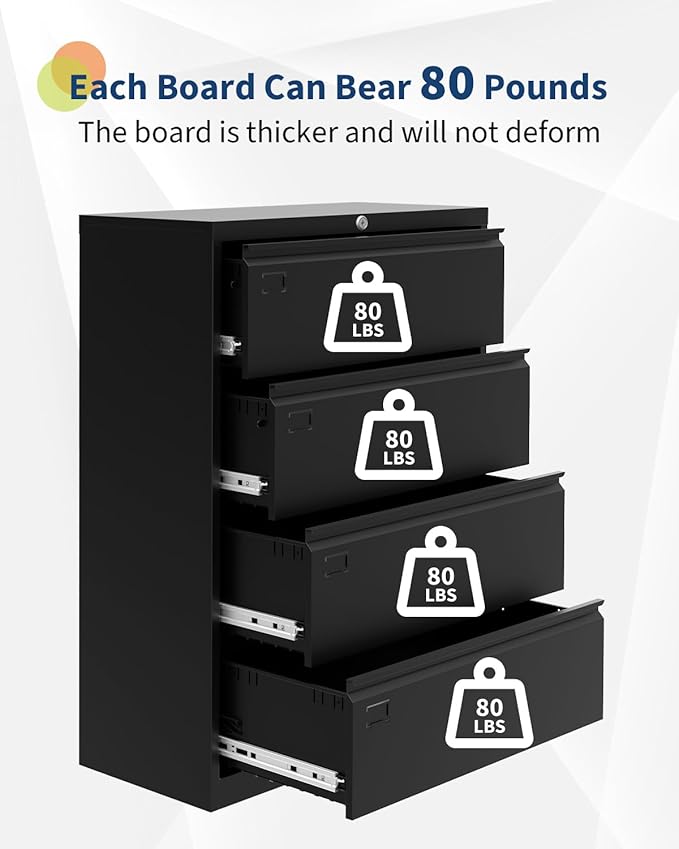 GarveeHome 4-Drawer Lateral File Cabinet with Lock, Heavy Duty Steel Office Storage for Letter/Legal/A4 Documents, Easy Assembly Space-Saving Design - Black