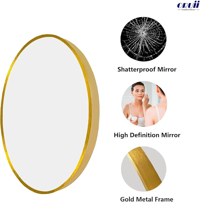 Oruii Gold Round Mirror 30 inch, Gold Round Mirror, Large Circle Mirrors Metal Frame, Circular Wall Mirrors for Bathroom, Living Room, Dining Room, Entryway.