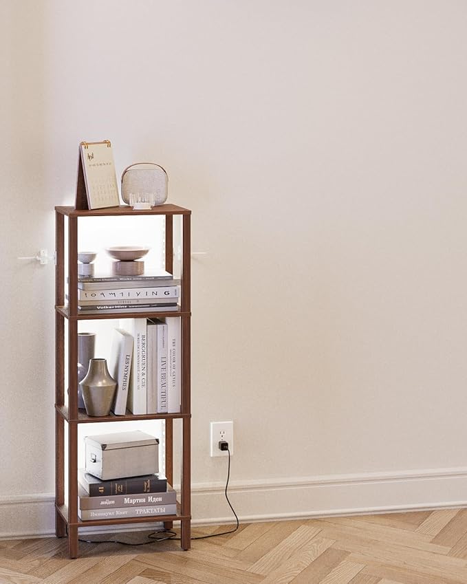 Open Book Shelf with LED Lights, 4 Tier Small Bookshelf, Freestanding Shelf Narrow Bookcase with Open Shelves, 14.96" x 10.63" x 41.26", Book Shelves for Living Room, Office, Study, Walnut