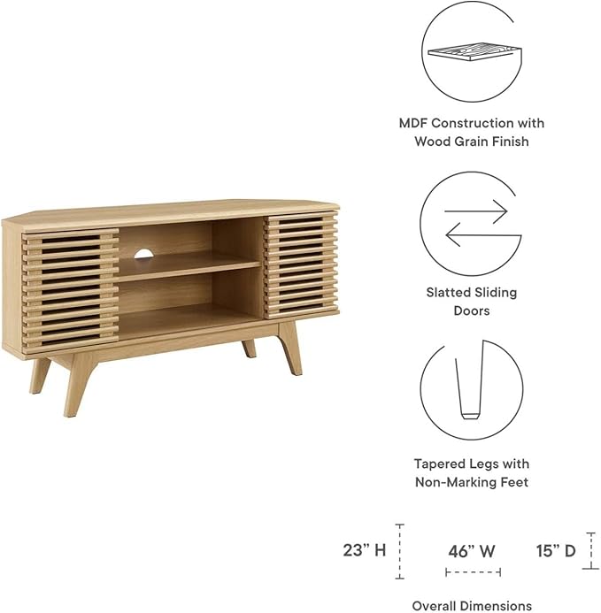 Modway Render Mid-Century Modern Low Profile 46" Corner Media TV Stand in Oak, 15 x 46 x 23