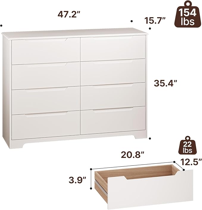 Gizoon 8 Drawer Dresser, 47" Wide White Dresser for Bedroom with Cut-Out Handles, Modern Wooden Chest of Drawers with Anti-Tip Kit, for Living Room, Hallway, Entryway, Home Office