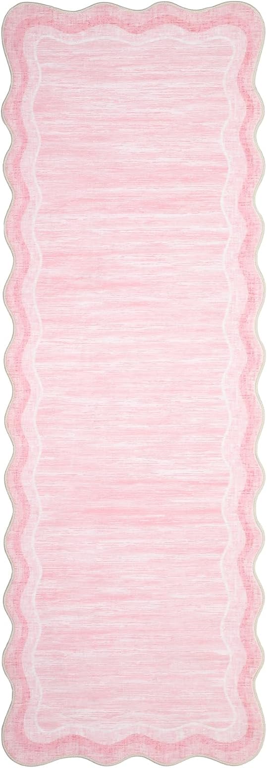 Garvee Washable Runner Rug 2x6 Scalloped Rugs for Bathroom Modern Kitchen Hallway Rugs Stain-Resistant Non-Slip Solid Rug Soft Scalloped Entryway Carpet Runner for Bathroom Laundry Bedside(Pink,2x6ft)