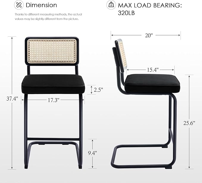 Zesthouse Natural Rattan Counter Stools Set of 4, 26" Modern Bar Stools with Solid Wood Back & Chrome Base, Black Velvet Counter Height Barstools, Mid Century Cantilever High Chairs for Kitchen Island