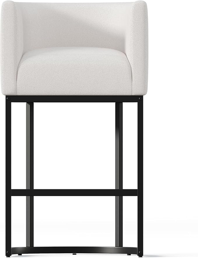Modern Counter Height Bar Stools,Bar Stools Set of 1,Fabric Upholstered Barrel Barstools with Backs,26'' Kitchen Island Chairs,Metal Black Frames,Snowy White Linen