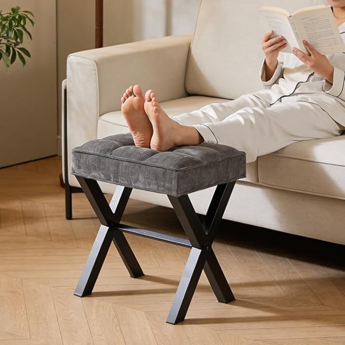 Modern Square Foot Stool Ottoman, Upholstered Vanity Chair with Metal X-Legs & Soft Linen Fabric - Versatile Seat and Footrest for Makeup, Living Room, Bedroom & Entryway(X-Gray)