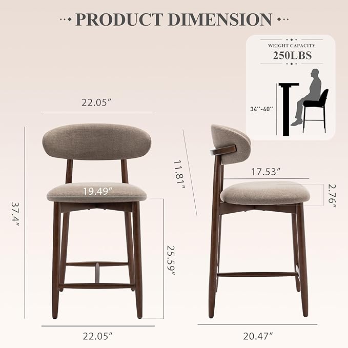 COLAMY Upholstered Counter Bar Stools, Kitchen Island Stools with Back, Modern Counter Height Stools with Wood Legs for Kitchen Island Dining Room Bar, Camel