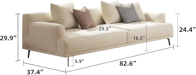 3-Seater Living Room Sofa - Modern Leisure Modular Sofa with Wooden Frame and Metal Legs, Soft Cotton-Linen Fabric, Easy to Install, Suitable for Office, Apartment, and Living Room, Grey, 82.6"