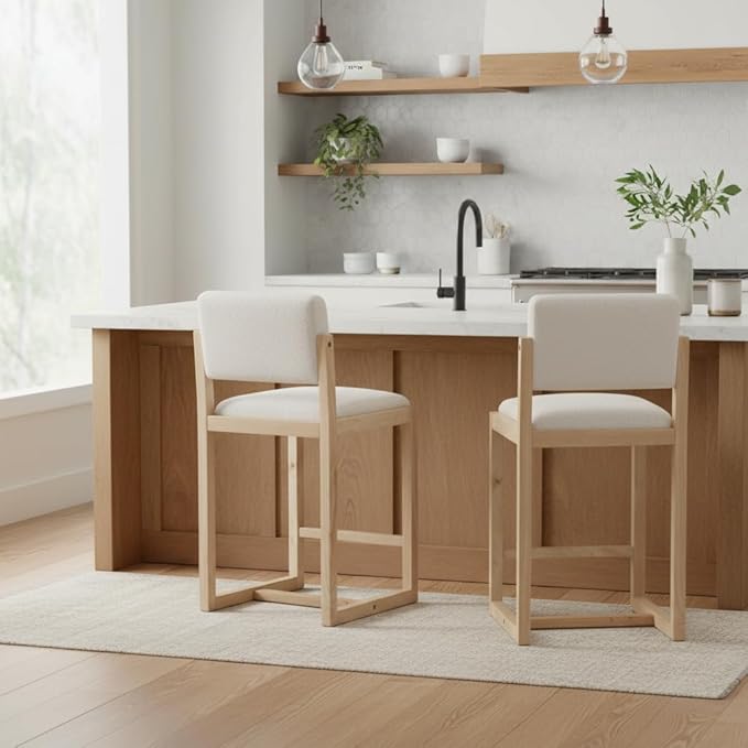 DUOMAY Modern Bar Stools Set of 4, 26" Counter Height Barstools, Sherpa Upholstered Kitchen Island Chair with Wood Legs for Home Bar Coffee Shop, White