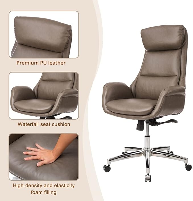 Glitzhome Mid-Century Modern PU Leather Adjustable Swivel High Back Office Chair, Adjustable Task Chair with Lumbar Back Support Executive Swivel Chair(Grey)