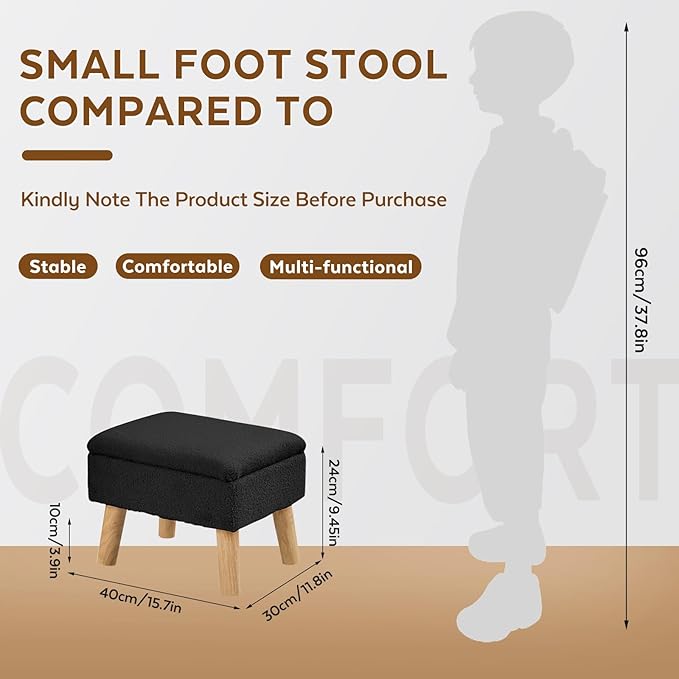 Storage Ottoman, Small Foot Stool Ottoman with Storage, Teddy Velvet Foot Rest with Wood Legs, Footstool for Living Room, Bedroom, Entryway, Black