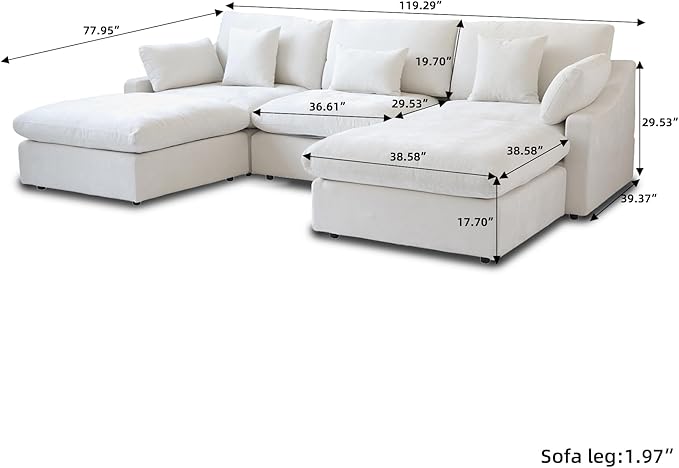 119" U Shape Cloud Modular Couches for Living Room, Modern Sectional Sofa with Chaise Ottomans, Deep Seat Couch Cushion Covers Washable&Removable, Sectional Sofas for Home Office Apartment (White)