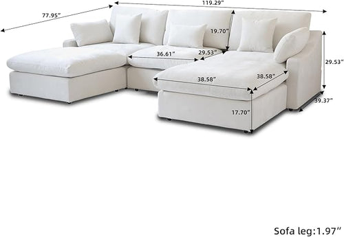 119" U Shape Cloud Modular Couches for Living Room, Modern Sectional Sofa with Chaise Ottomans, Deep Seat Couch Cushion Covers Washable&Removable, Sectional Sofas for Home Office Apartment (White)