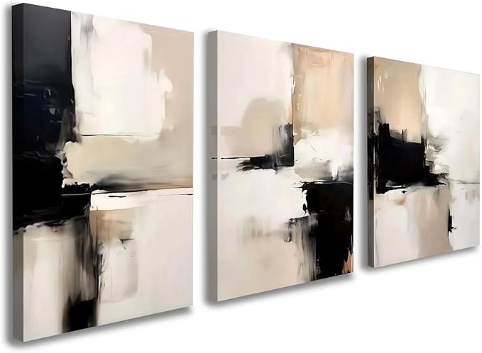 3 Piece Wall Art Framed Modern Abstract Neutral Canvas Wall Art Black White Beige Minimalist Painting for Living Room Bedroom Office Wall Decor Pictures Wall Decor with Hooks and Nails 12x16 Inch