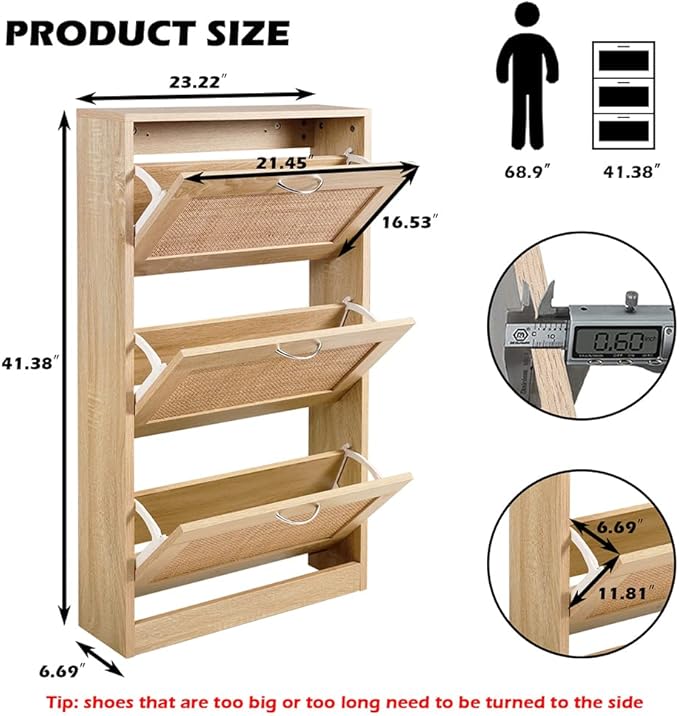 HOPUBUY Rattan Shoe Cabinet for Entryway, Narrow Shoe Storage Cabinet with 3 Flip Drawers, Hidden Shoe Cabinet Wood 3 Tier Slim Shoe Rack for Home and Apartment, Nature | Shoe Storage Cabinet, Hidden, Shoe Cabinet Wood, Slim, Shoe Rack