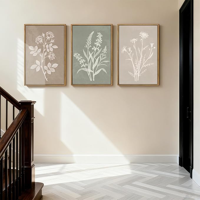 Anyzal Boho Floral Framed Wall Art 12x16 Inch,Farmhouse Flower Botanical Canvas Wall Decor,Retro Floral Art Print,Minimalist Wildflower Boho Plant Artwork for Living Room Bedroom Dining Room Set of 3