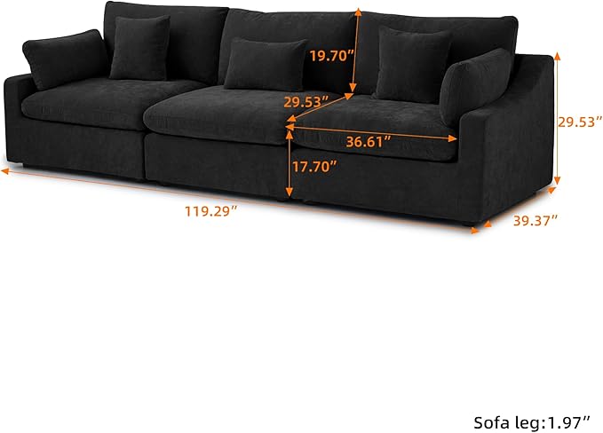 Modular Sectional Sofa Cloud Couch, 119.29" Oversized 3 Seater Sofa with Pillows, Linen Blend Fabric Minimalist Deep Seat Sofa Couches for Living Room, Sofa Covers Washable&Removable, Black