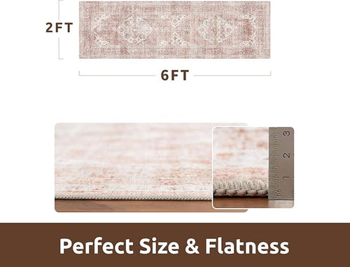AMOAMI-2X6 Runner Rug-Washable Runners for Hallways-Soft Non Slip Bedside Rugs for Bedroom-Vintage Long Rug for Hallways Entryway Laundry Room Stair Kitchen Bathroom Pink