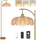 QIYIZM Glass Floor Lamp for Living Room,Bedroom,Gold Dimmable Standing Lamp with Remote,Mid Century Modern Brass Tall Lamp Boho Floor Lamps Arc Stained Flower Floor Light Lamp Bohemian