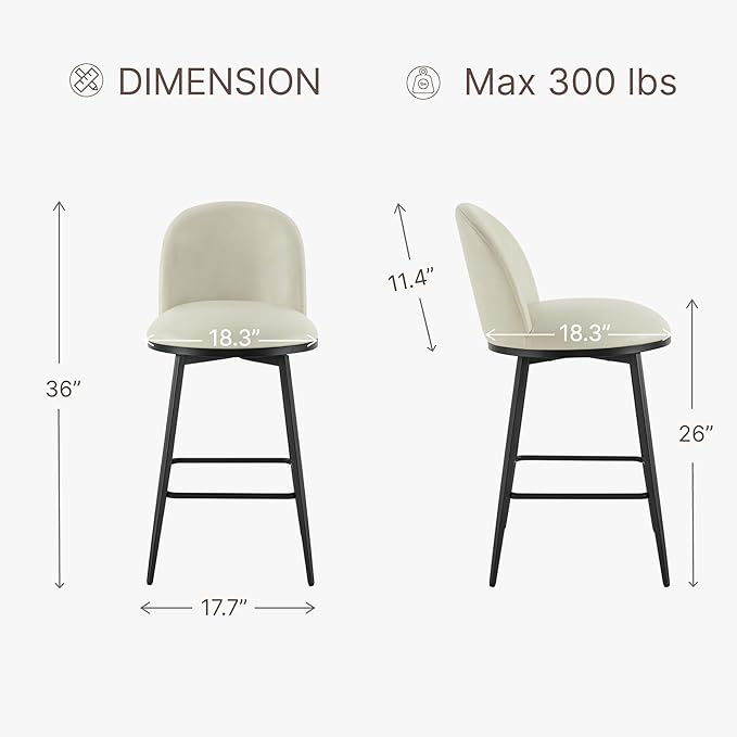 26" Counter Height Swivel Bar Stools Set of 2, Upholstered Faux Leather Barstools with Backs and Metal Legs for Kitchen Island,Cream