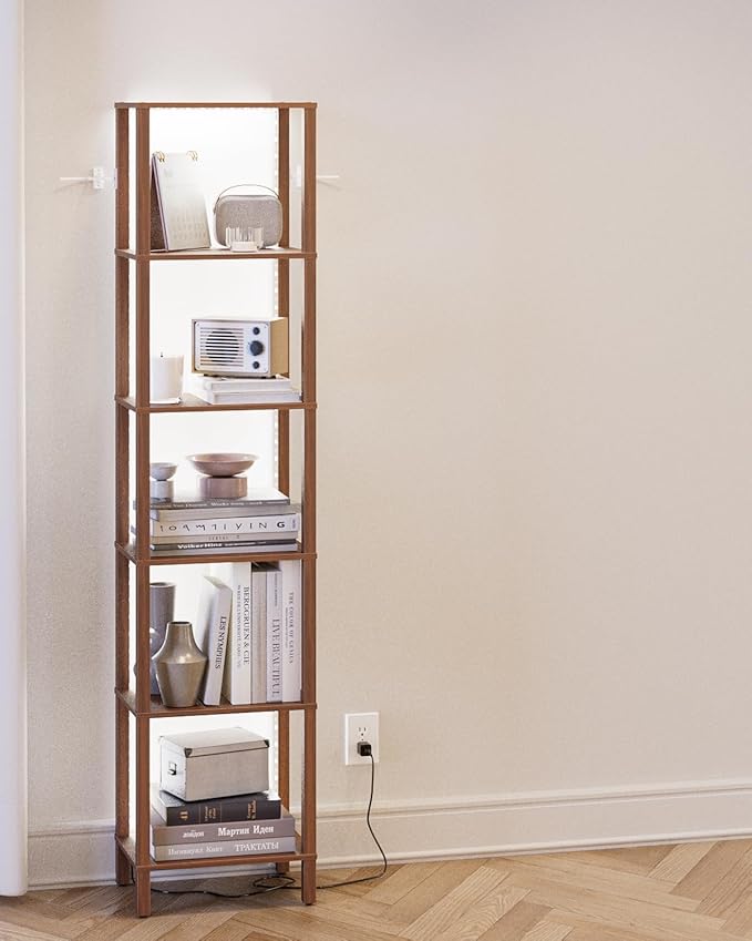 Open Book Shelf with LED Lights, 6 Tier Tall Bookshelf, Freestanding Shelf Narrow Bookcase with Open Shelves, 14.57" x 10.63" x 65.83", Book Shelves for Living Room, Office, Study, Walnut