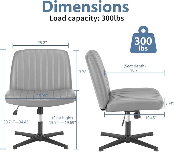 DUMOS Desk Chair No Wheels, Criss Cross Chair Wide Cross Legged Office Desk Vanity Chair, PU Leather Armless Adjustable Swivel Chairs for Home Computer Task,Grey-pu
