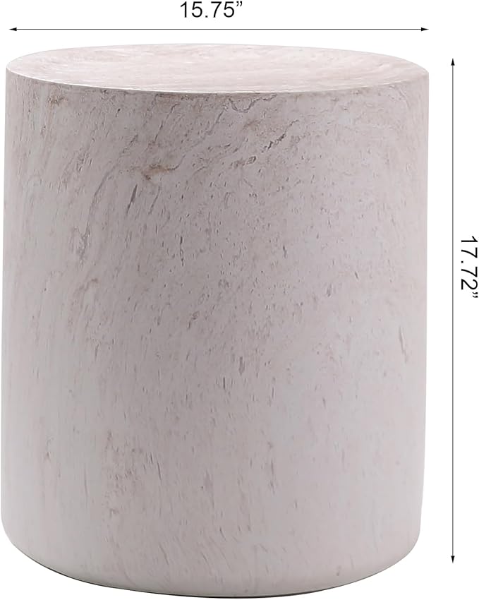 WILLIAMSPACE 15.75" Round End Table in Faux Marble, Modern Circle Drum Stone Side Table Travertine Small Coffee Table for Living Room, Outdoor, Magnesium Oxide, No Need Assembly, Light Beige