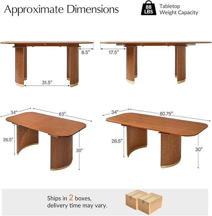 HULALA HOME 60"-80.75" Extendable Dining Table, Solid Wood Kitchen Table with Removable Leaves, Fluted Base, Mid-Century Modern Home Office Desk for Dining Living Study Room-Teak